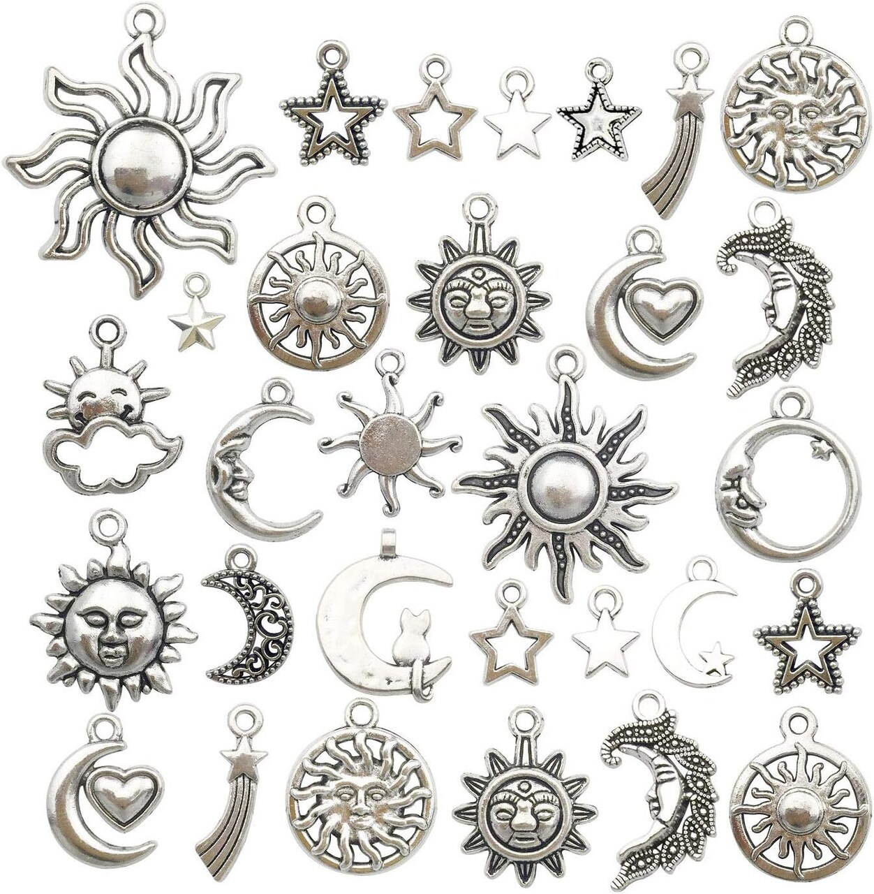 100g(80pcs) Craft Supplies Mixed Antique Silver Sun Moon Stars Charms Pendants for Crafting, Jewelry Findings Making Accessory for DIY Necklace Bracelet (M250)